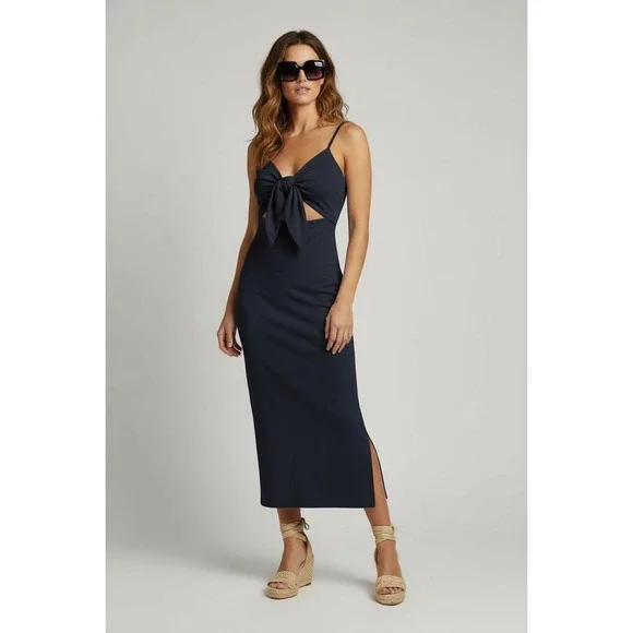 NEW Blue Size Small Tie Front Cutout Bodycon Maxi Dress Slit Spaghetti Strap - Picture 2 of 6